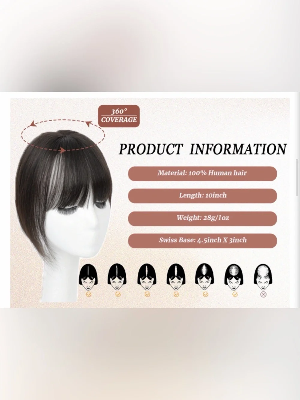 Hair Topper With Bangs 100% Human Hair - Medium Dark‎ Brown (4#) #TB9